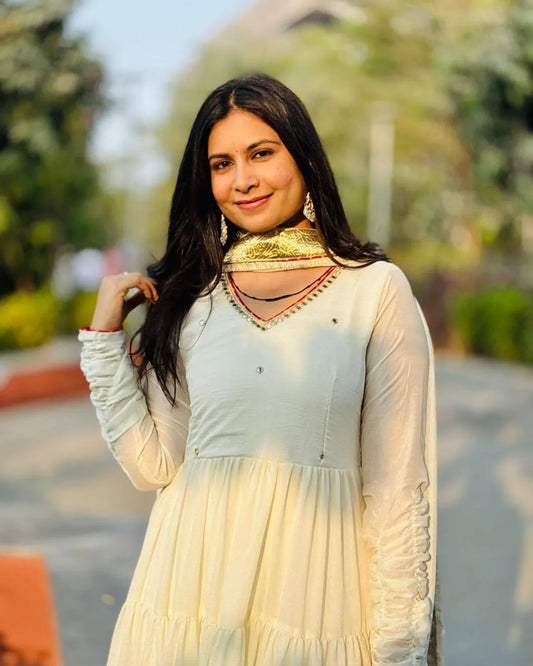 White Colour Long Anarkali Dress Suit Set