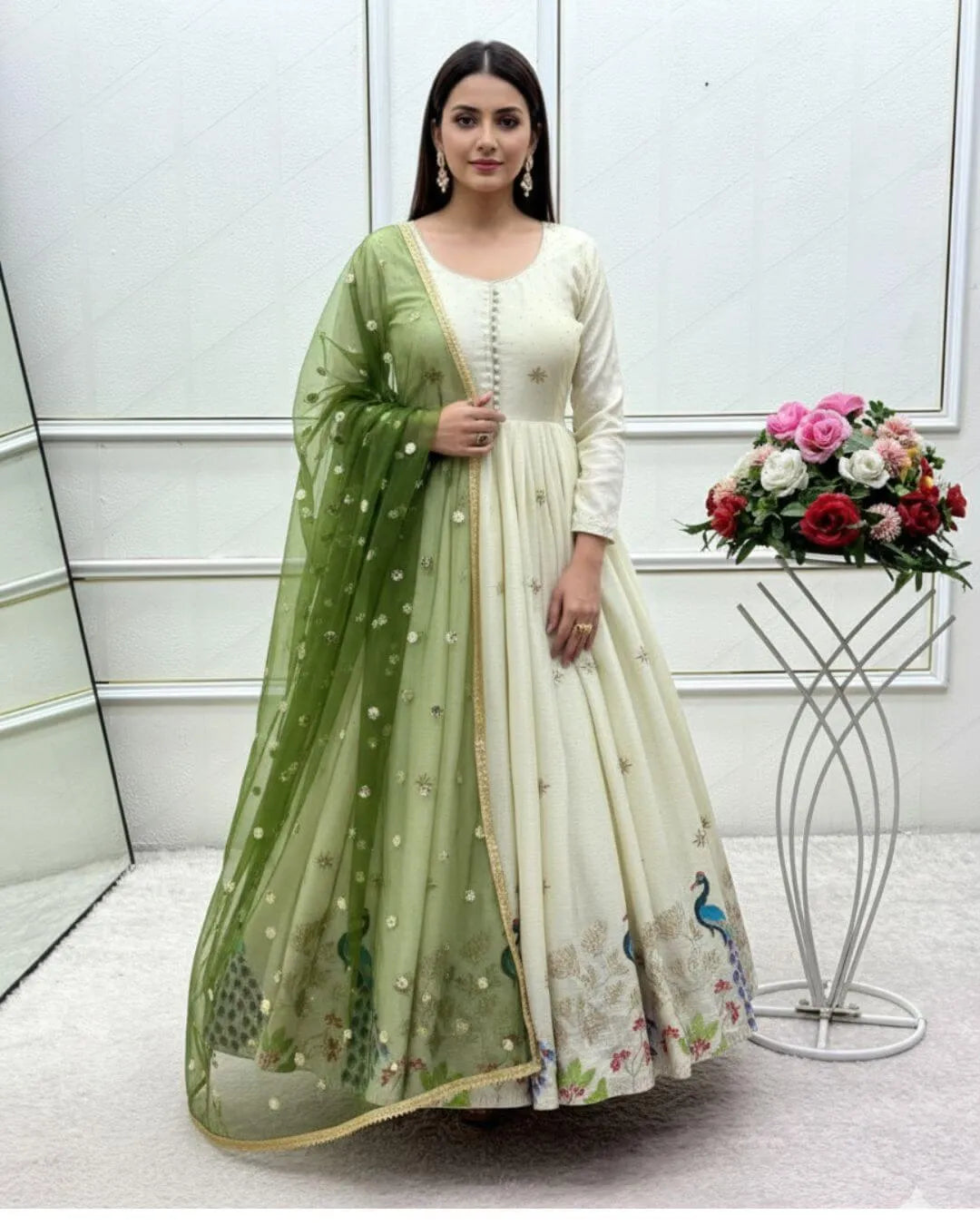 White Long Anarkali Dress With Green Dupatta