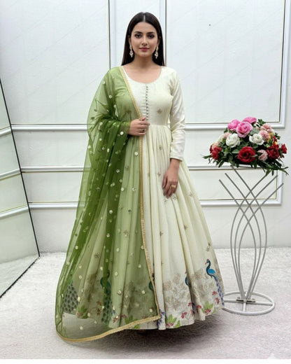 White Long Anarkali Dress With Green Dupatta
