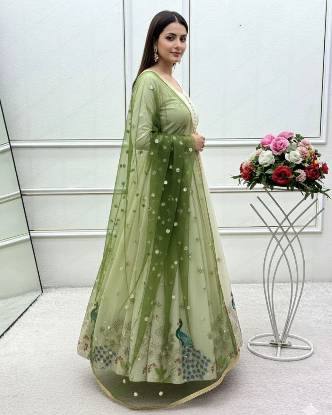 White Long Anarkali Dress With Green Dupatta