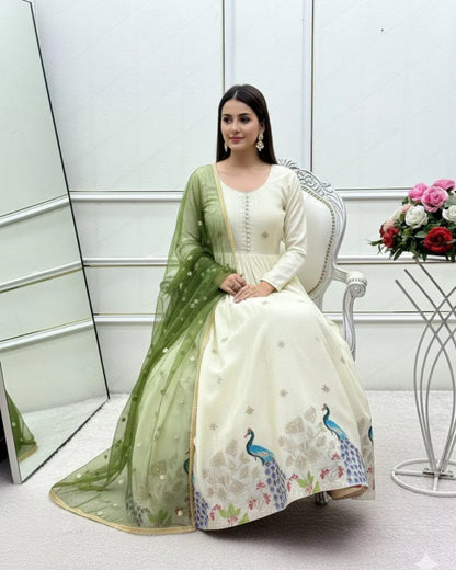 White Long Anarkali Dress With Green Dupatta