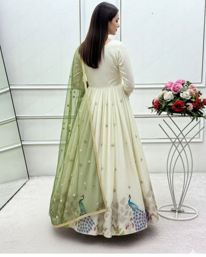 White Long Anarkali Dress With Green Dupatta Back