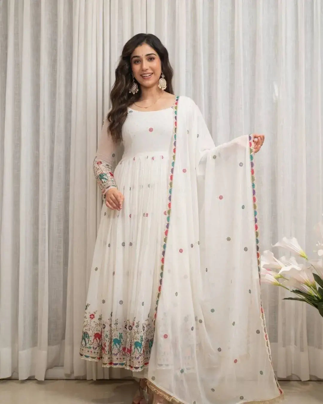 white anarkali salwar suit with dupatta