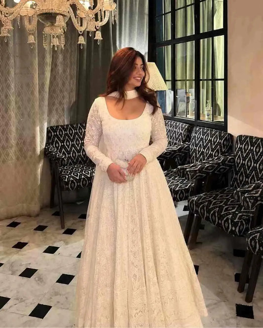 White Faux Blooming Anarkali Set