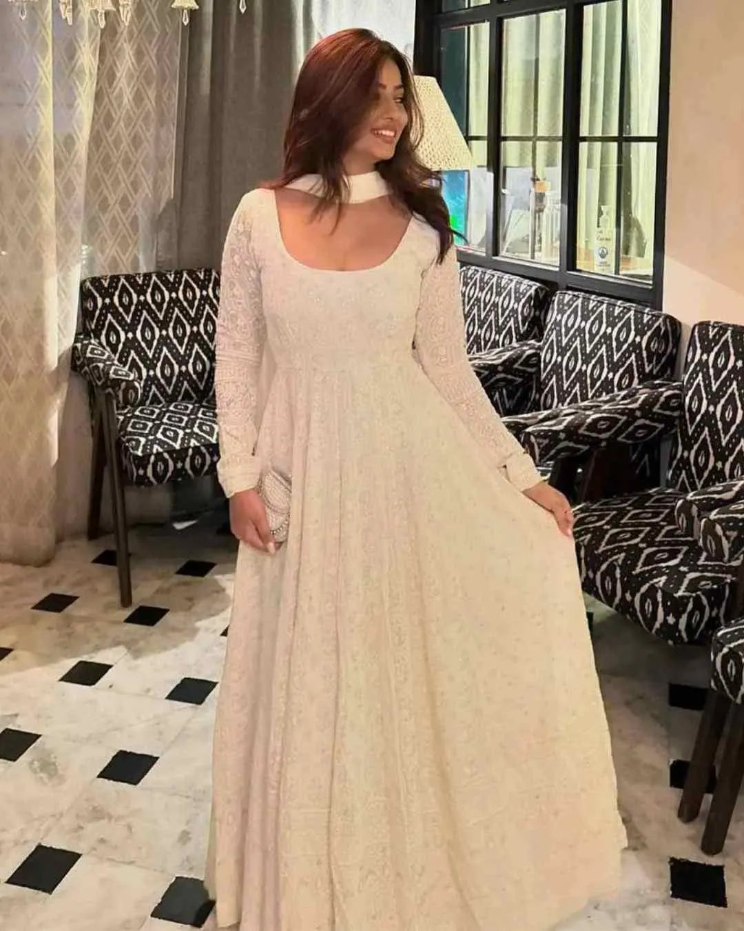 White Faux Blooming Anarkali Set