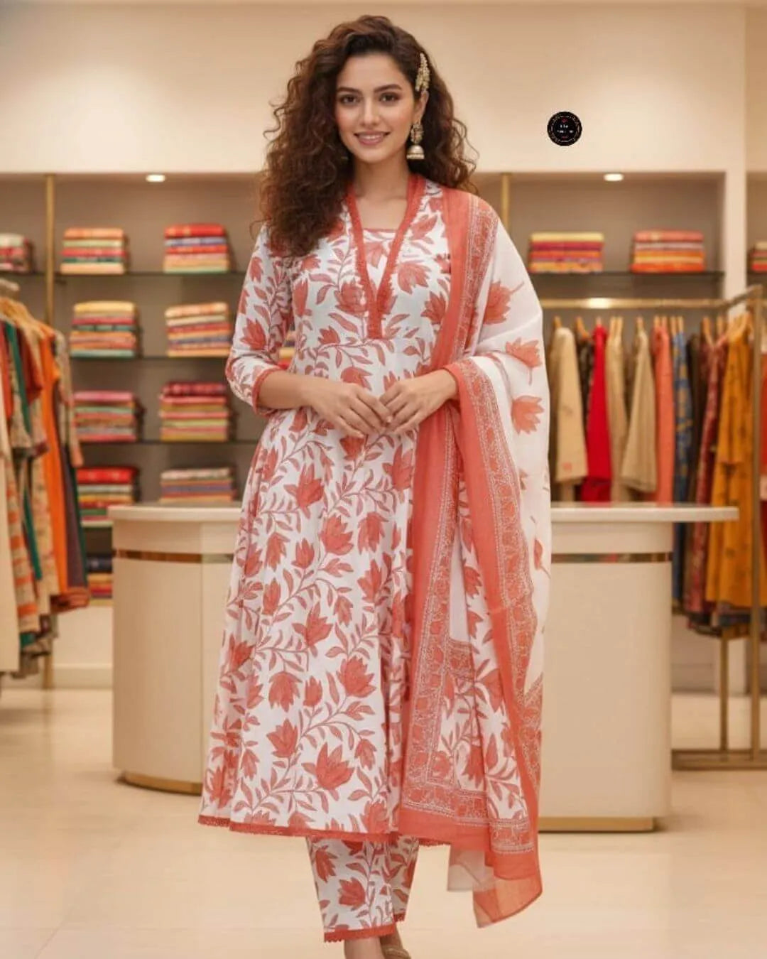 White Peach Floral Cotton Slub Anarkali Suit Set