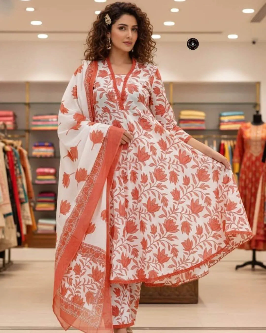 White Peach Floral Cotton Slub Anarkali Suit Set