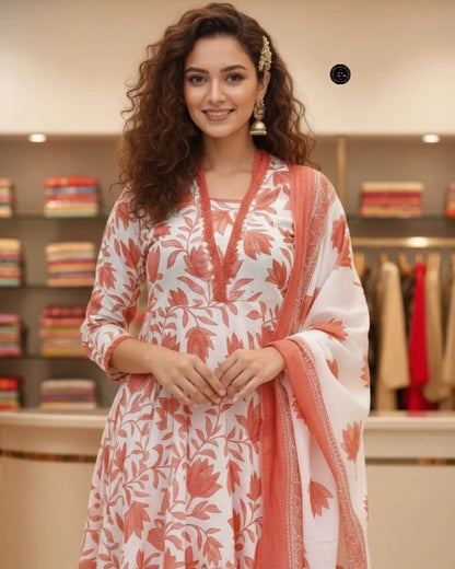 White Peach Floral Cotton Slub Anarkali Suit Set