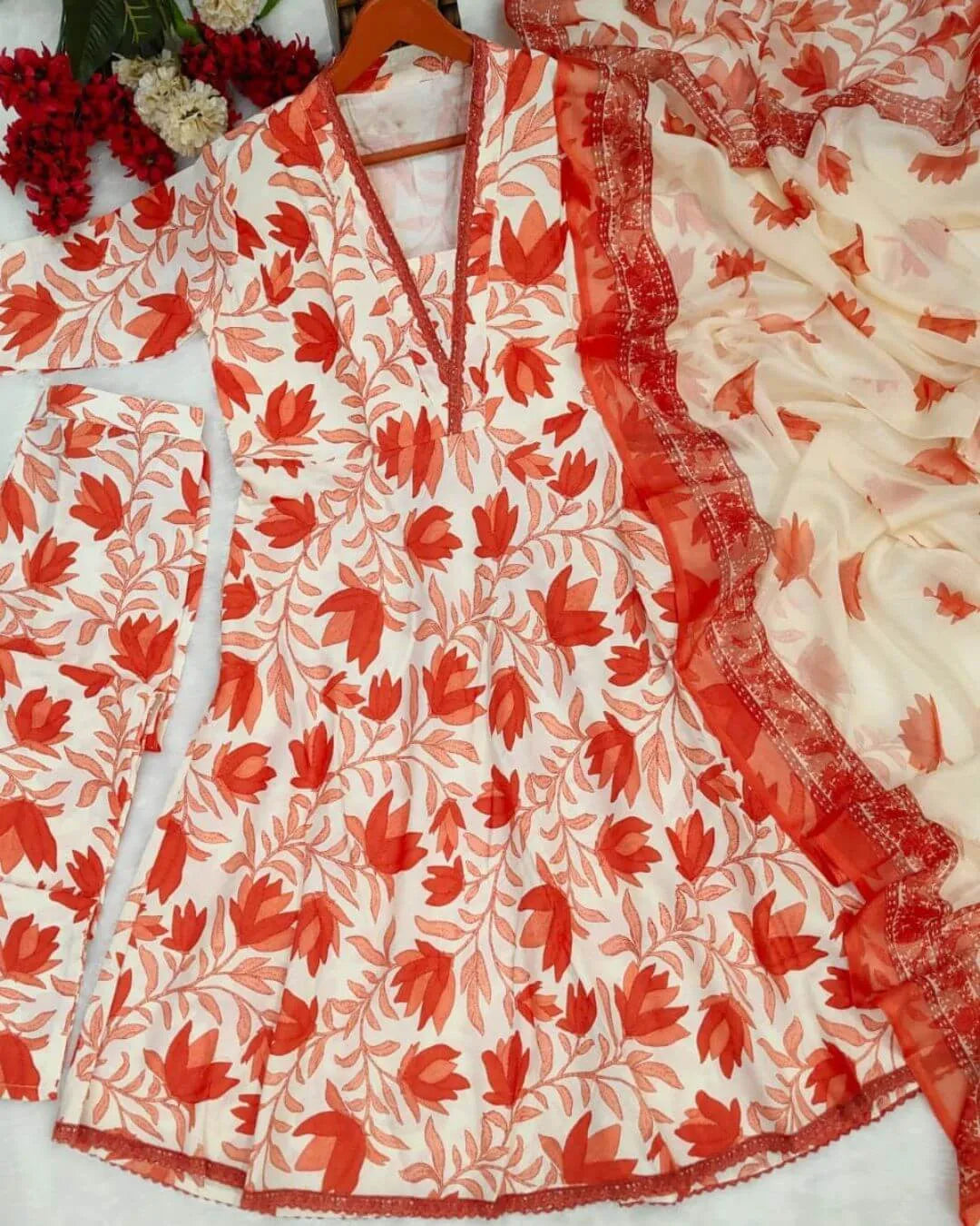 White Peach Floral Cotton Slub Anarkali Suit Set