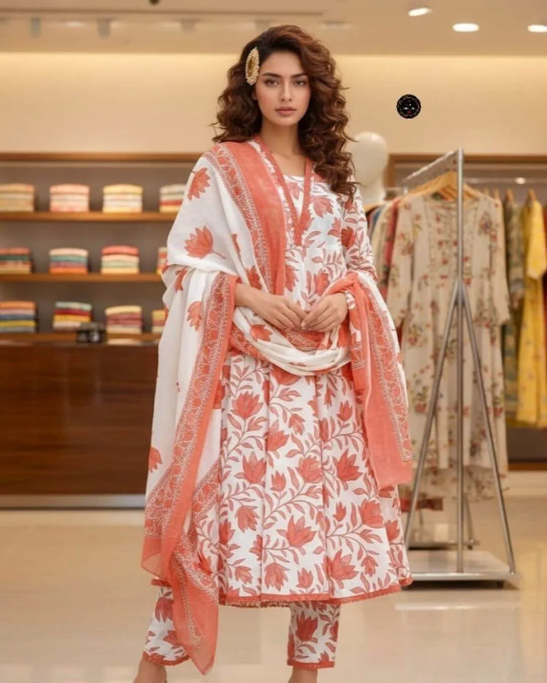 White Peach Floral Cotton Slub Anarkali Suit Set