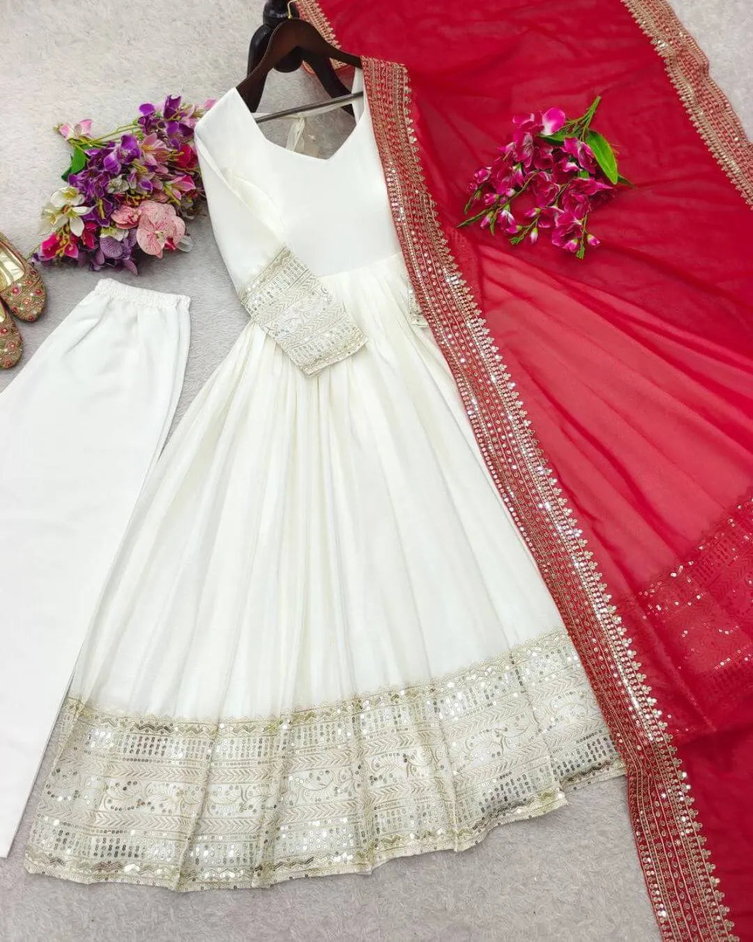 white anarkali dress with red dupatta