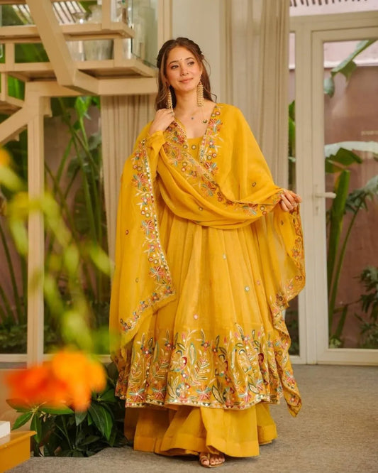Yellow Anarkali Sharara Set with Soft Dupatta for Haldi & Wedding Functions