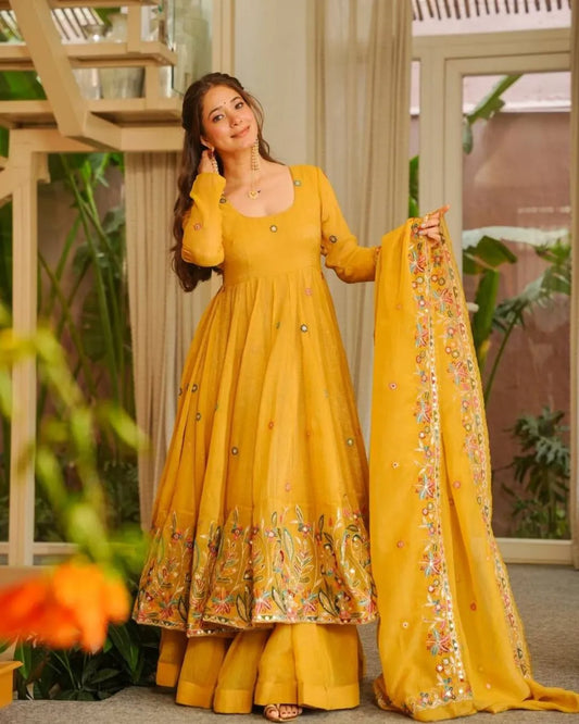 Yellow Anarkali Sharara Set with Soft Dupatta for Haldi & Wedding Functions