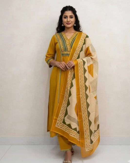 Yellow Colour Cotton Kurti Pant Dupatta Set