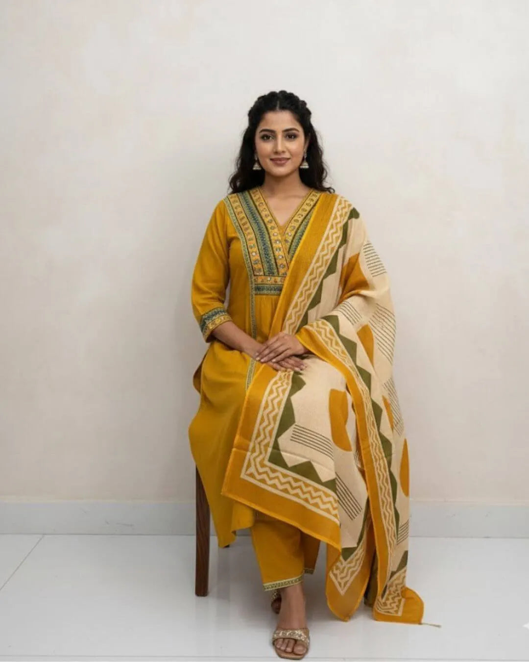 Yellow Colour Cotton Kurti Pant Dupatta Set