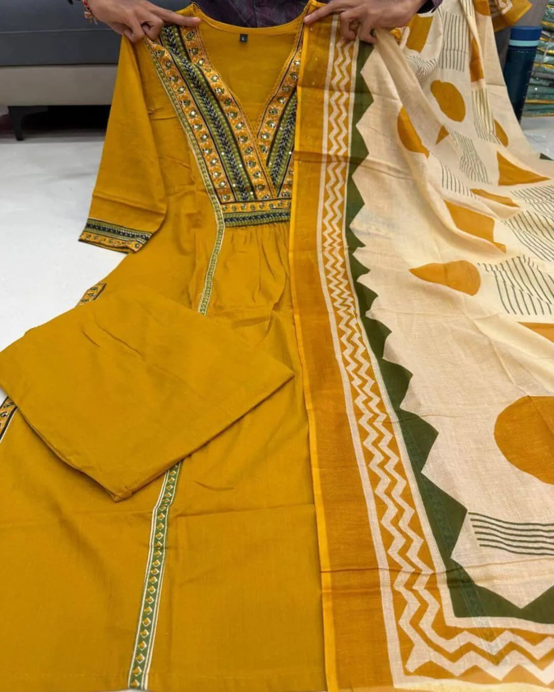 Yellow Colour Cotton Kurti Pant Dupatta Set