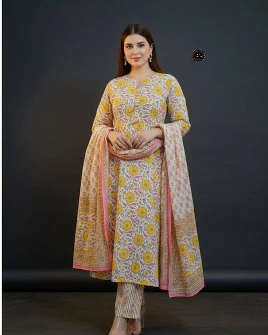 Yellow Floral Cotton Suit Set