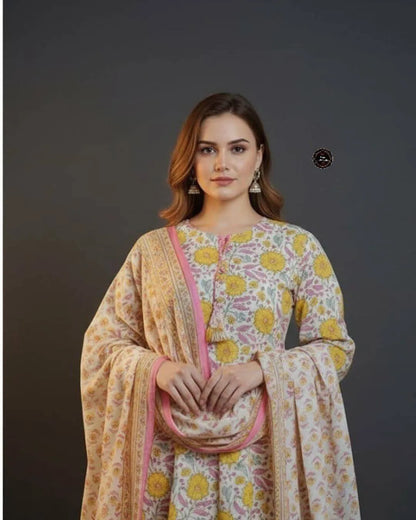Yellow Floral Cotton Suit Set