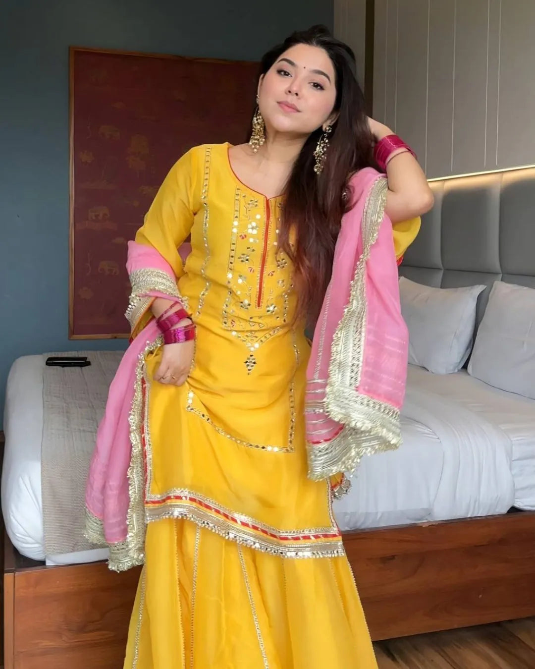 Yellow Sharara Suit Party Wear – Chinon Silk Embroidered Set
