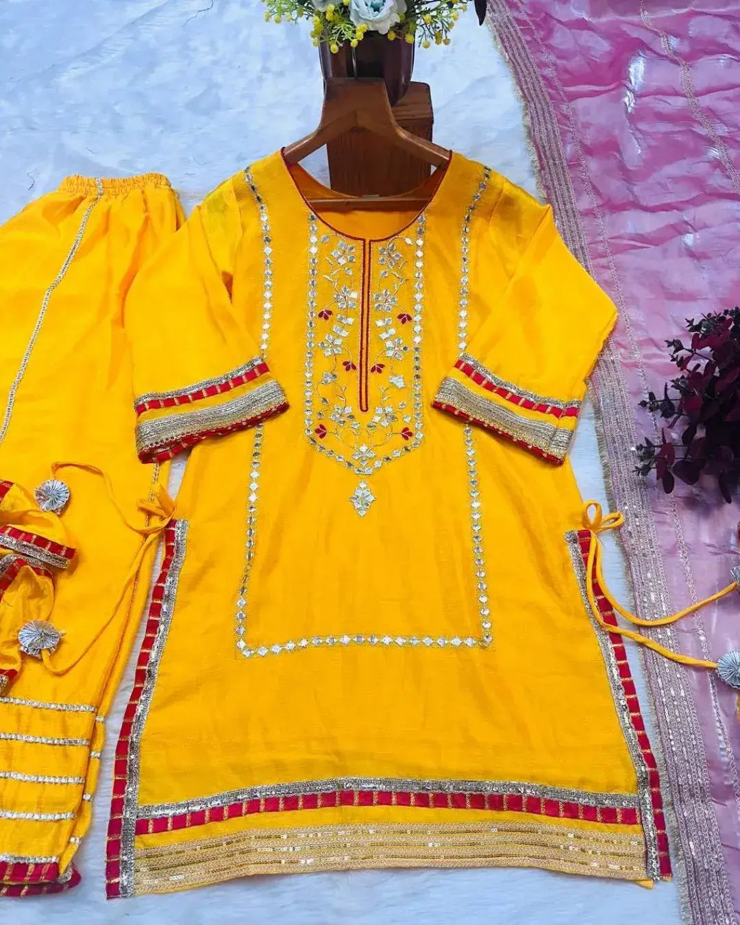Yellow Sharara Suit Party Wear – Chinon Silk Embroidered Set