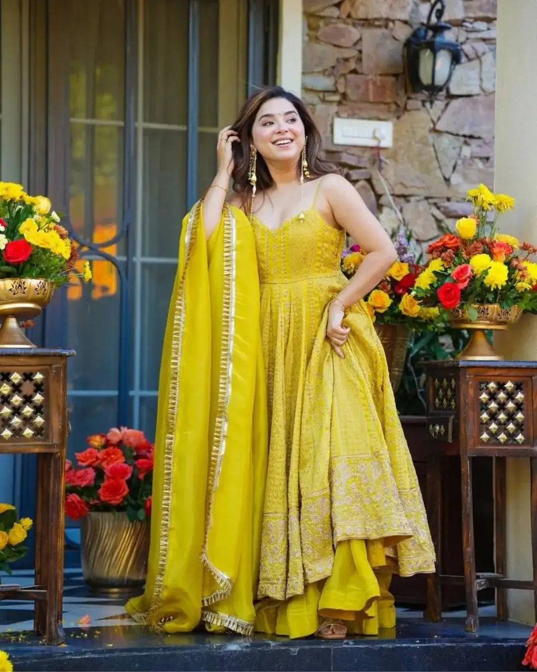 Yellow Party Wear Organza Anarkali Sharara With Dupatta Suit Set