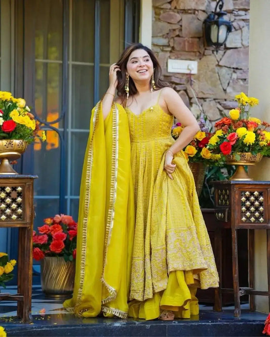Yellow Party Wear Organza Anarkali Sharara With Dupatta Suit Set