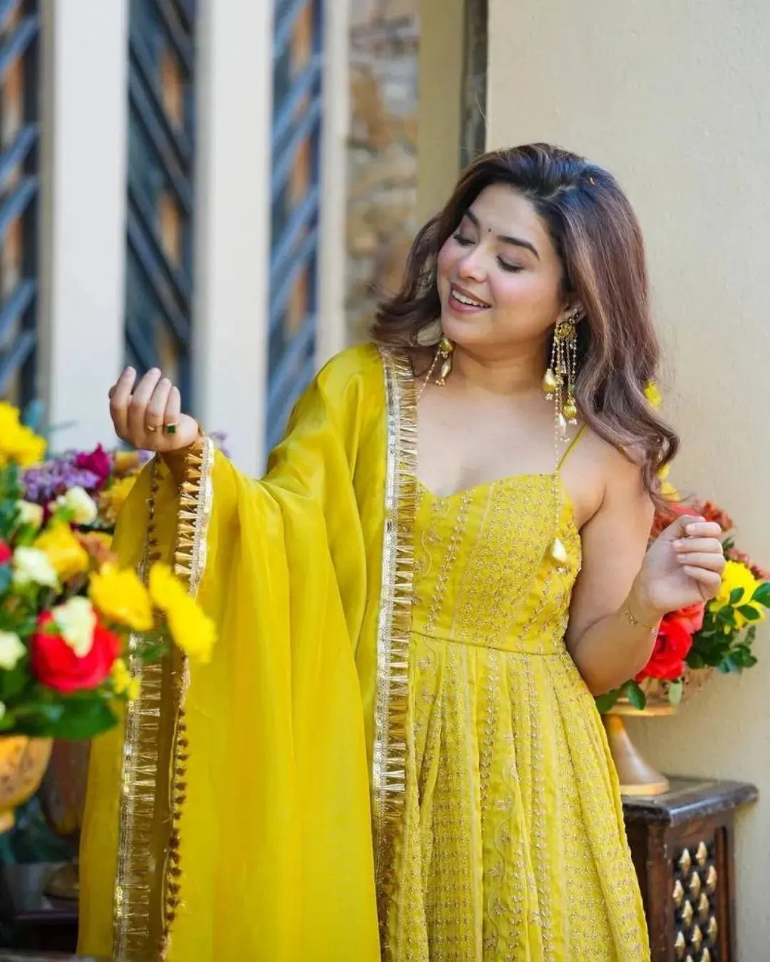 Yellow Party Wear Organza Anarkali Sharara With Dupatta Suit Set