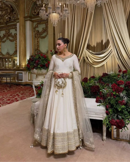Party Wear White Anarkali Suit Set Dress For Durga Puja