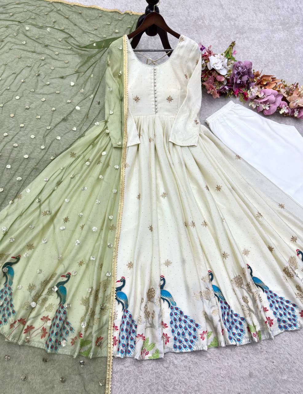 White Long Anarkali Dress With Green Dupatta