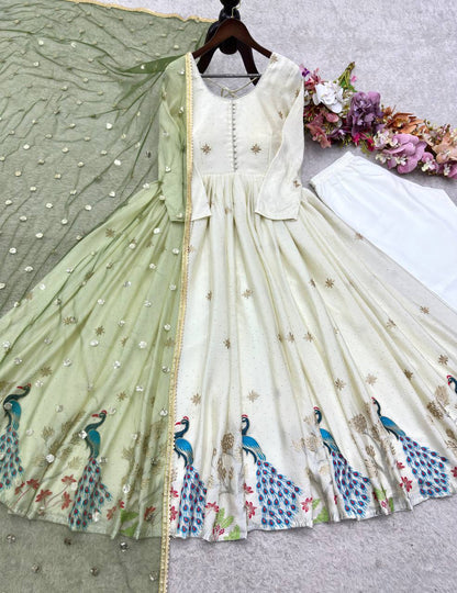 White Long Anarkali Dress With Green Dupatta