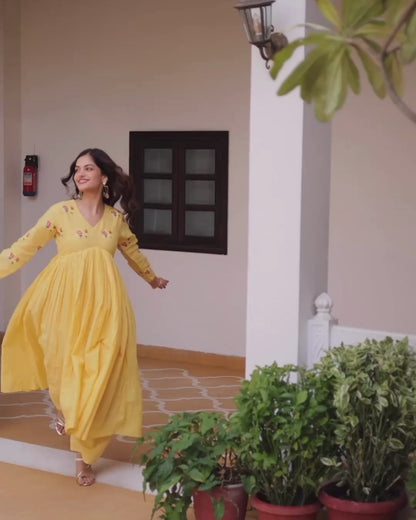 Yellow Flared Cotton Kurti With Pant Set