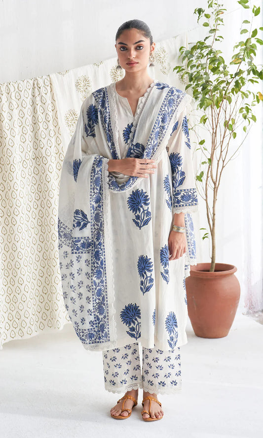 Off-White & Indigo Jaipuri TAJ Cotton Suit Set