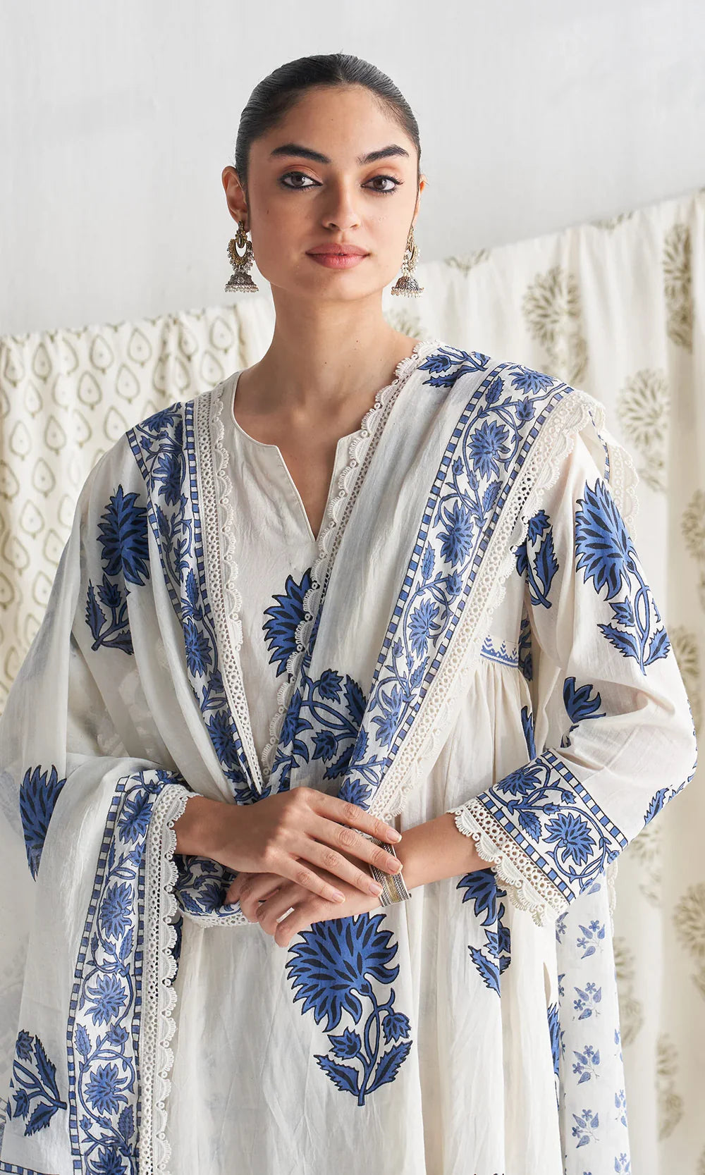 Off-White & Indigo Jaipuri TAJ Cotton Suit Set